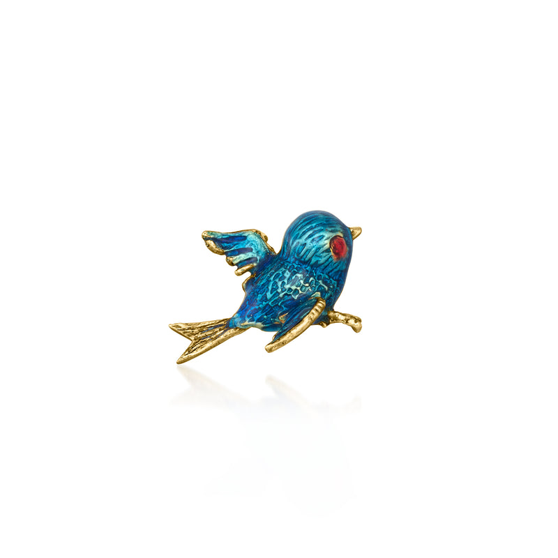 Vintage bird enamel pin with blue and red accents in 14kt yellow gold