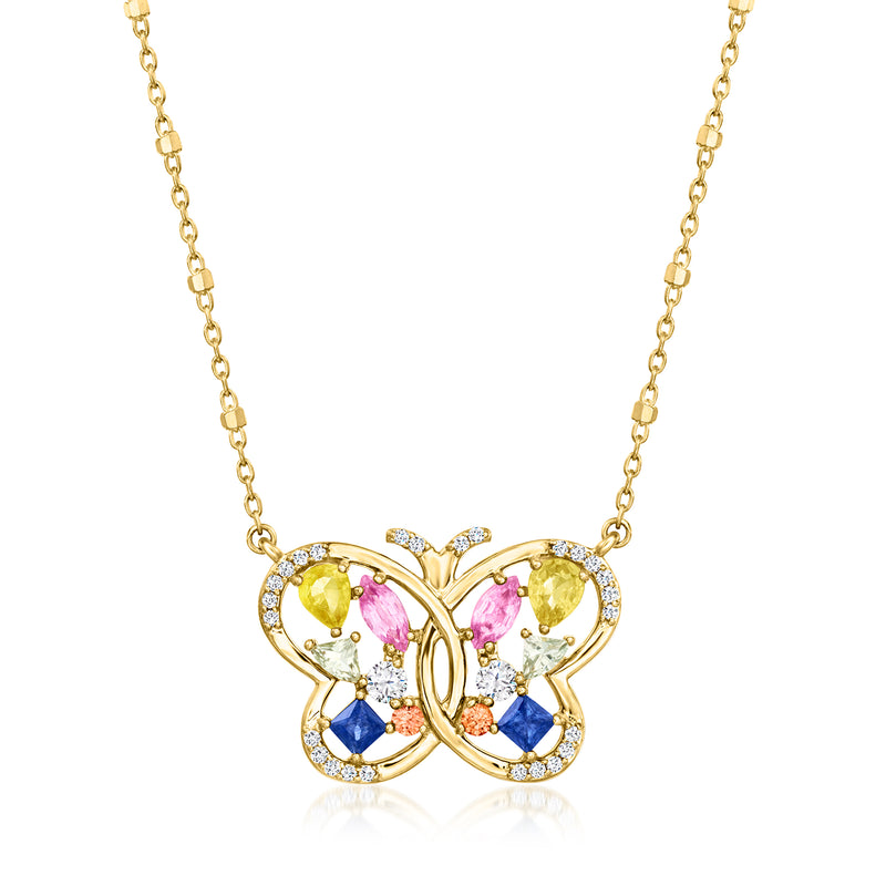 14kt yellow gold butterfly necklace with multicolor sapphires and diamond accents