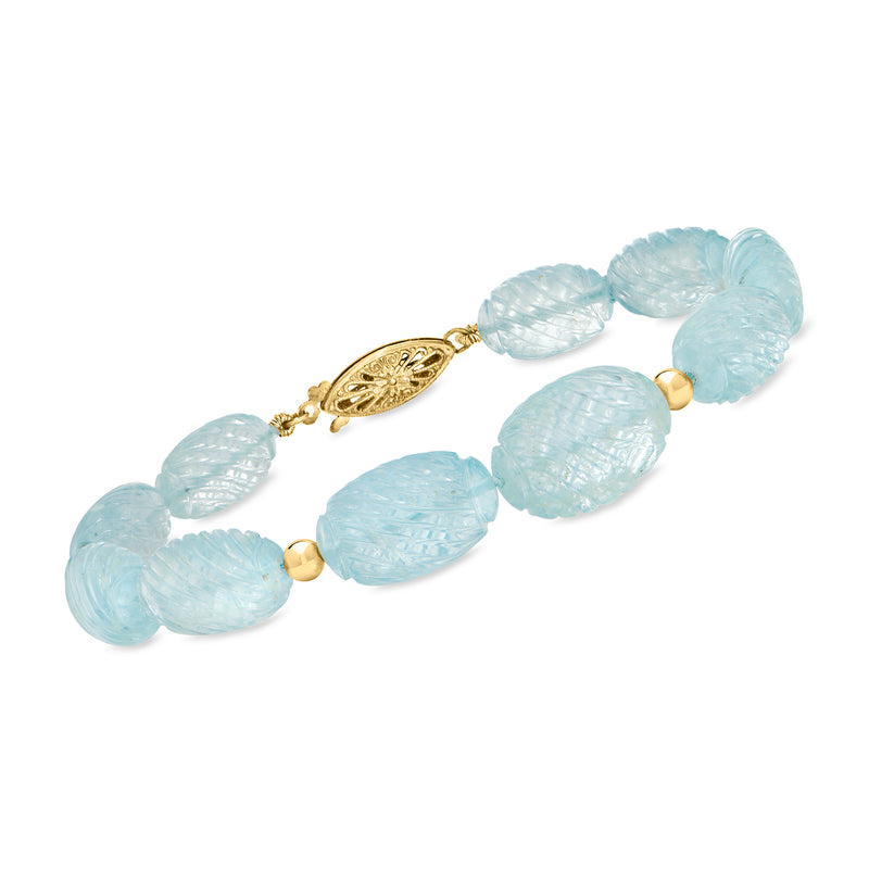 Aquamarine bead bracelet in 14kt yellow gold with oval clasp and blue stone beads