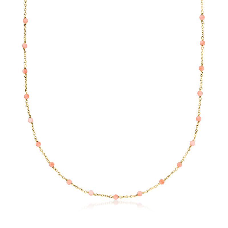 14kt yellow gold bead station necklace with coral-pink oval beads