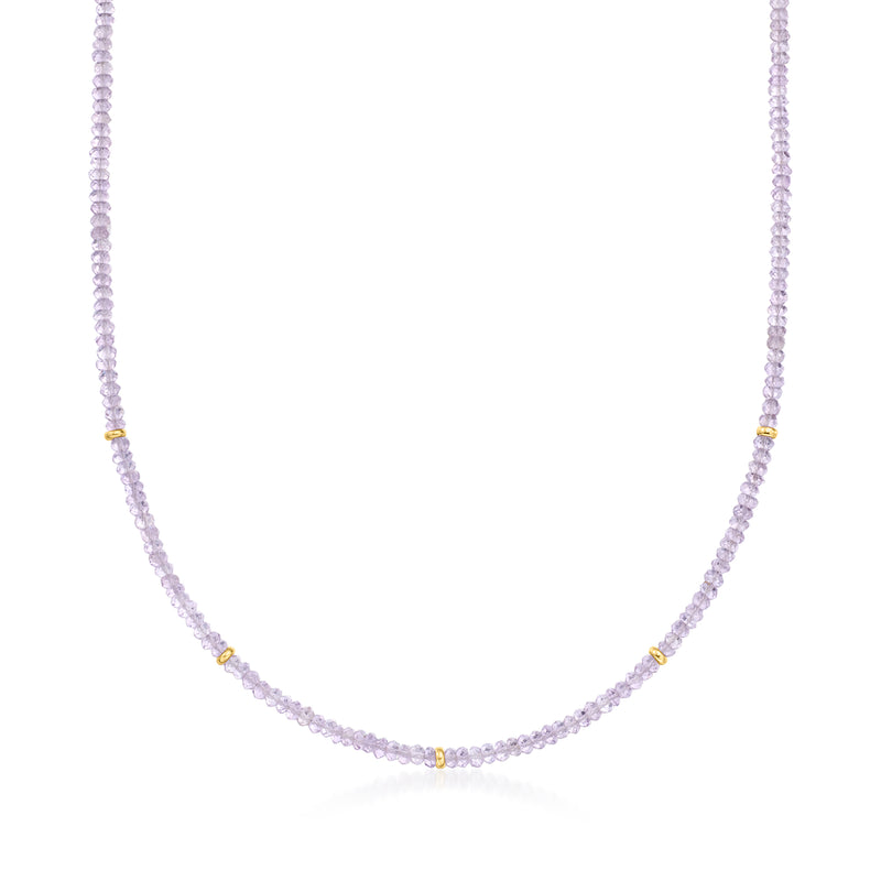 Amethyst bead necklace with 14kt yellow gold clasp, round lavender beads