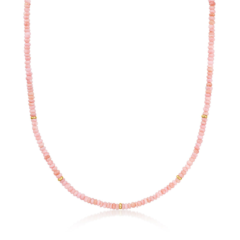 Pink opal bead necklace with small 14kt yellow gold spacer beads, full length