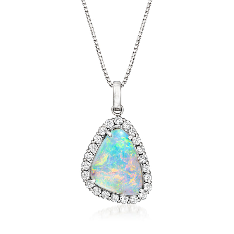 Vintage opal pendant necklace in platinum with diamond halo