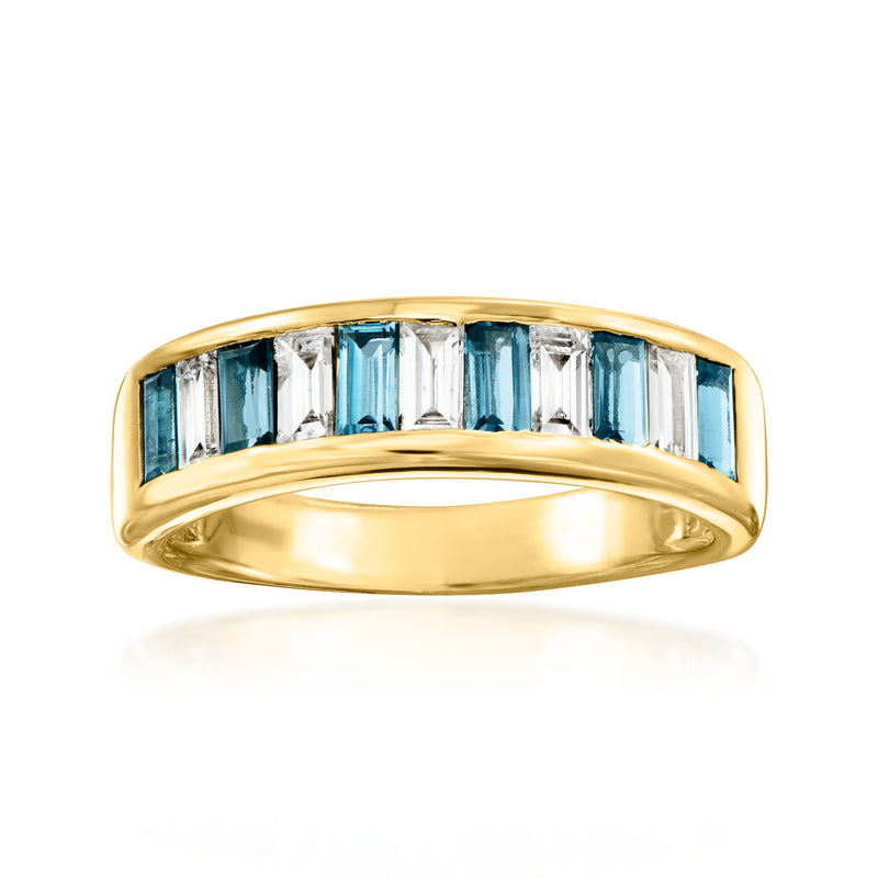 18kt gold over sterling ring with blue topaz and diamond accents, baguette setting