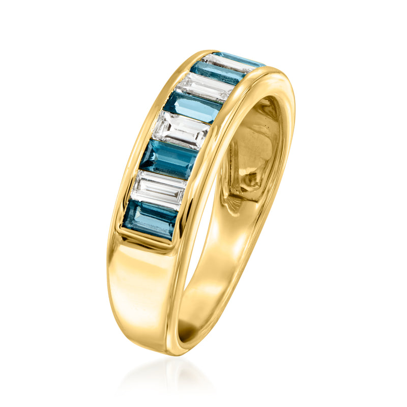 Gold ring with baguette-cut blue and clear gemstones in channel setting, side view