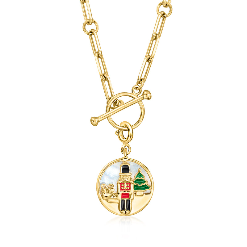 Gold-tone nutcracker scene charm on link chain with multicolor enamel pendant