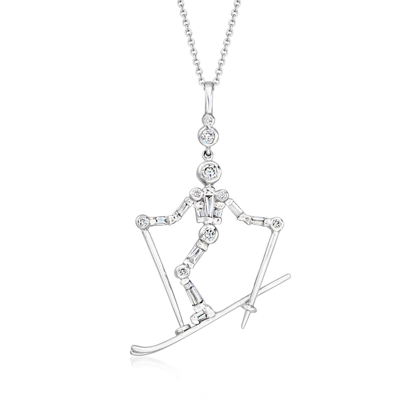 White gold skier pendant necklace with diamond accents and dangling skier motif