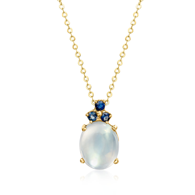 14kt yellow gold moonstone pendant necklace with oval moonstone and blue sapphire cluster