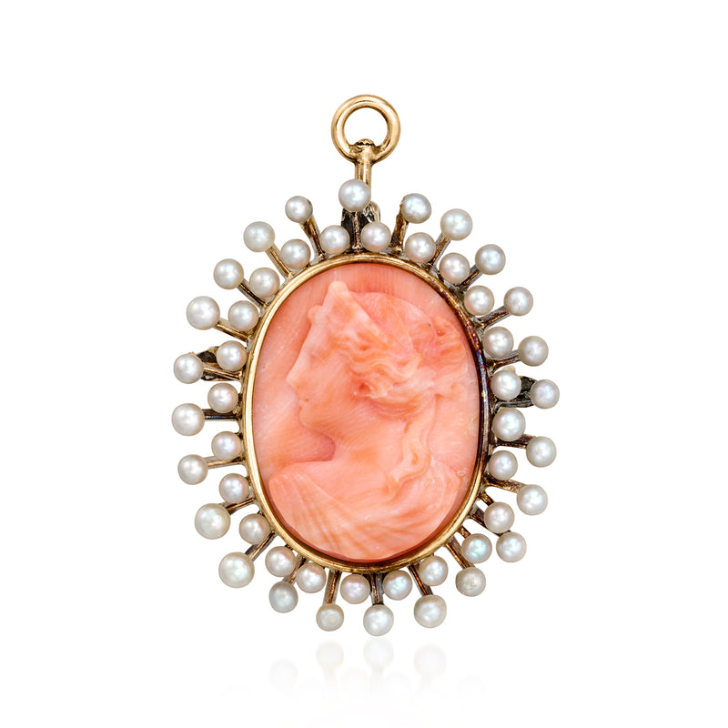 Coral cameo pin in 14kt yellow gold with white cultured pearls and loop bail