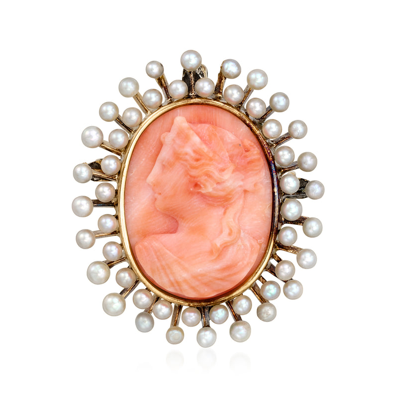Oval coral cameo pendant in 14kt yellow gold with pearl surround and loop top