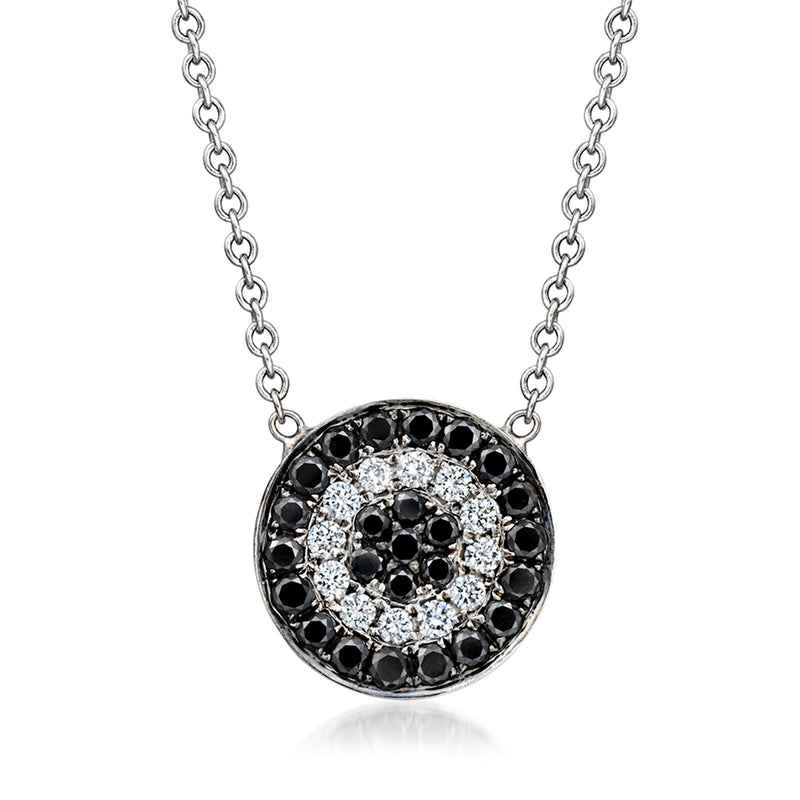 Vintage diamond circle pendant necklace in white gold, black and white stones