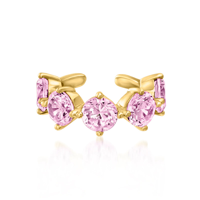 Gold-tone three ear cuffs with bright pink simulated gemstones and scalloped prong tops