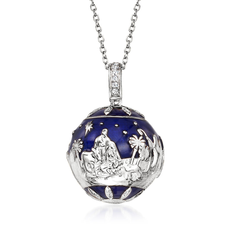 Sterling silver nativity pendant necklace with blue enamel globe and small white stones
