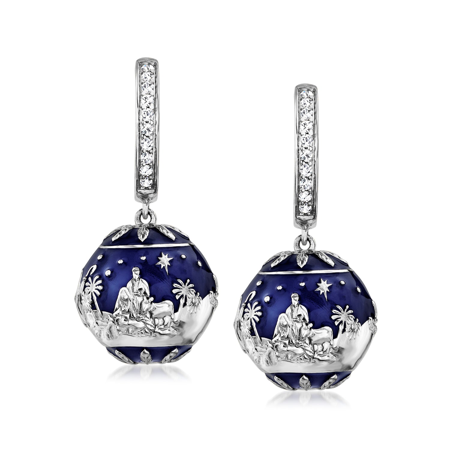 Ross-simons Blue Enamel Nativity Hoop Drop Earrings With .30 Ct. T.w. White Topaz In Sterling Silver