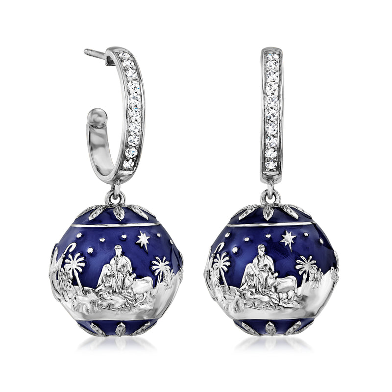 Blue Enamel Nativity Hoop Drop Earrings with .30 ct. t.w. White Topaz in Sterling Silver
