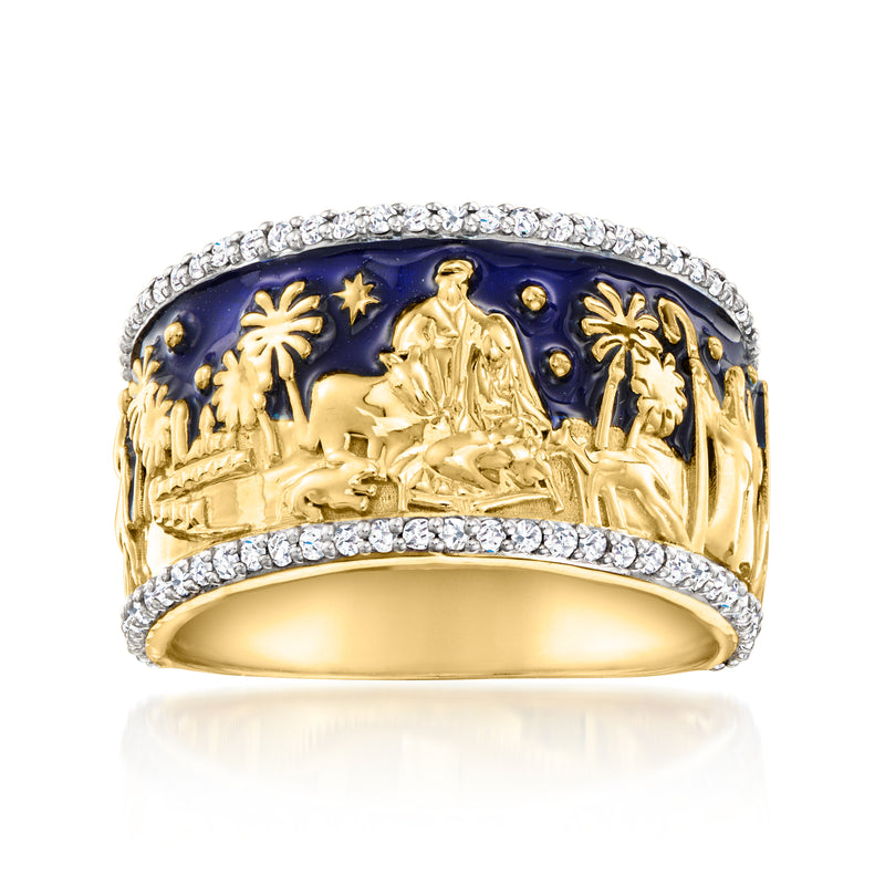 Gold over sterling nativity ring with blue enamel, gold figures, and diamond-like stones