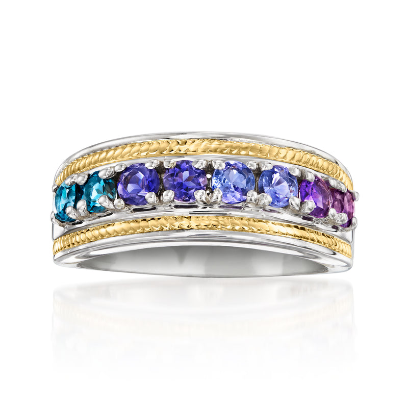 Multi-gemstone ring in sterling silver with 18kt gold over sterling and blue/purple stones