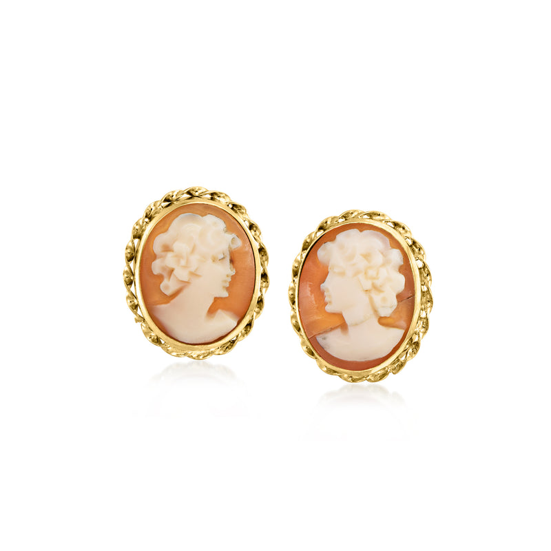 Brown shell cameo stud earrings in 14kt yellow gold, oval profile, post style.