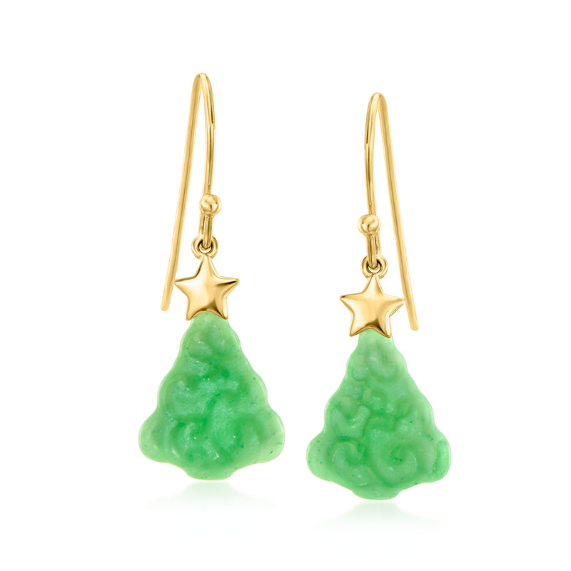 Carved Jade Christmas Tree Drop Earrings in 18kt Gold Over Sterling