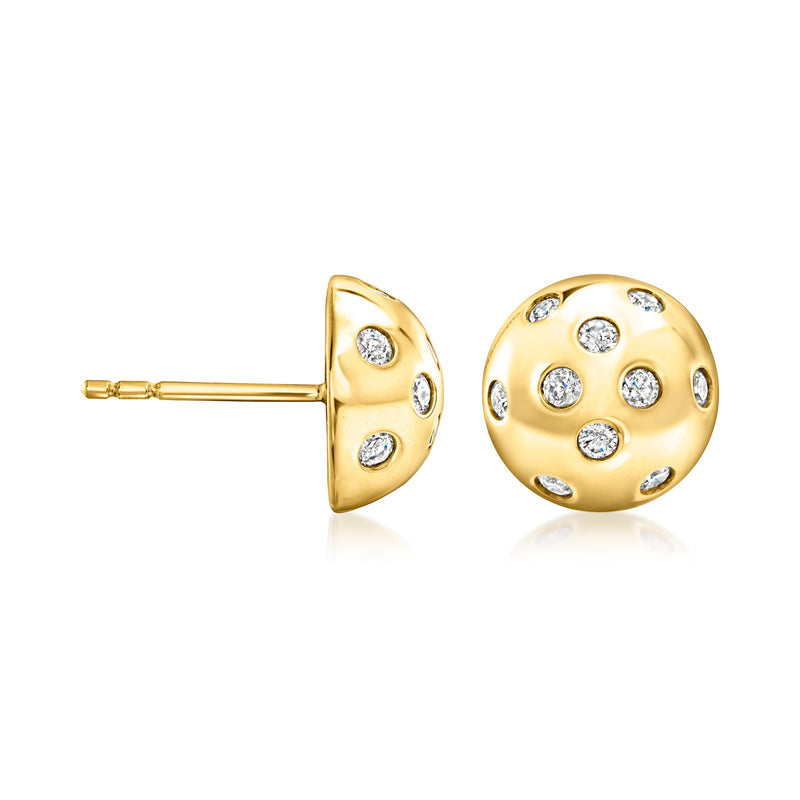 Gold button stud earrings with round clear stones in a scalloped bezel, push-back post