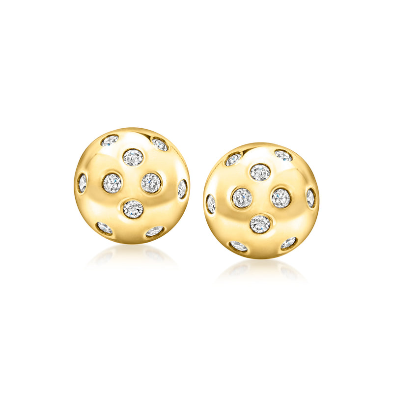 Pair of gold button stud earrings with multiple round clear stones on the face, glossy finish