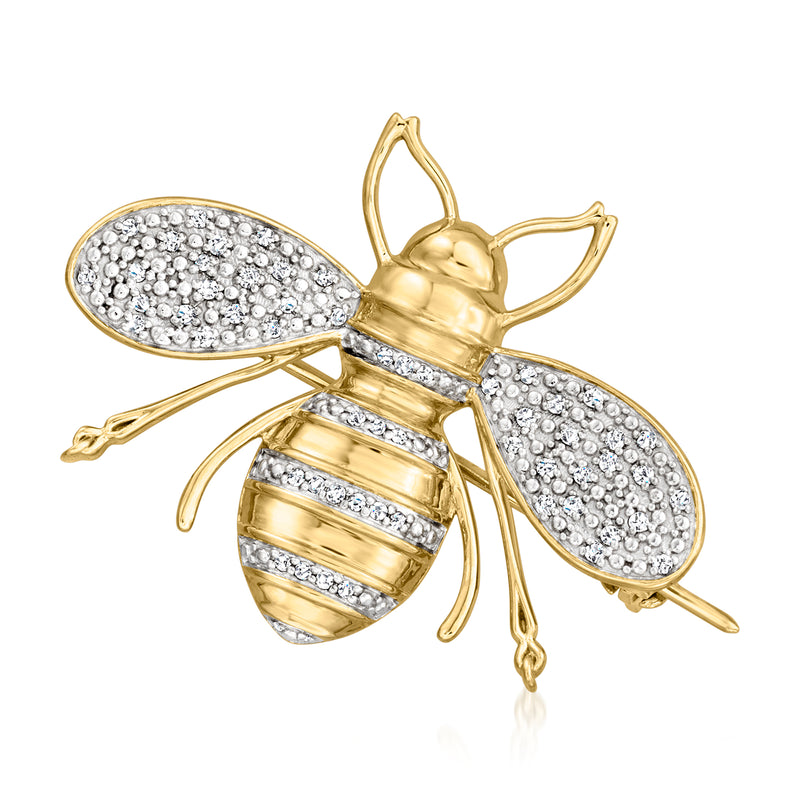 18kt gold over sterling diamond bee pin with pave wings and striped body