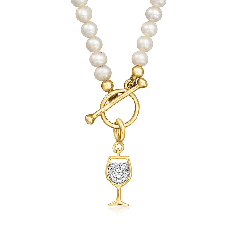 Wine glass diamond charm on pearl bead strand with gold clasp