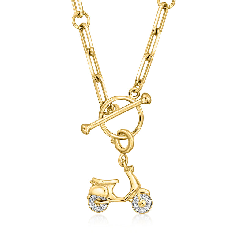 Gold linked chain necklace with dangling scooter charm and diamond-accented wheels