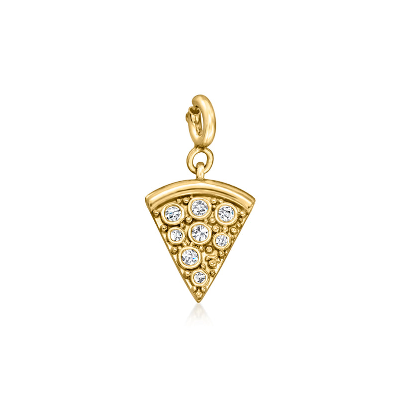 Gold pizza-slice charm pendant with round diamond-like stones, 18k over sterling