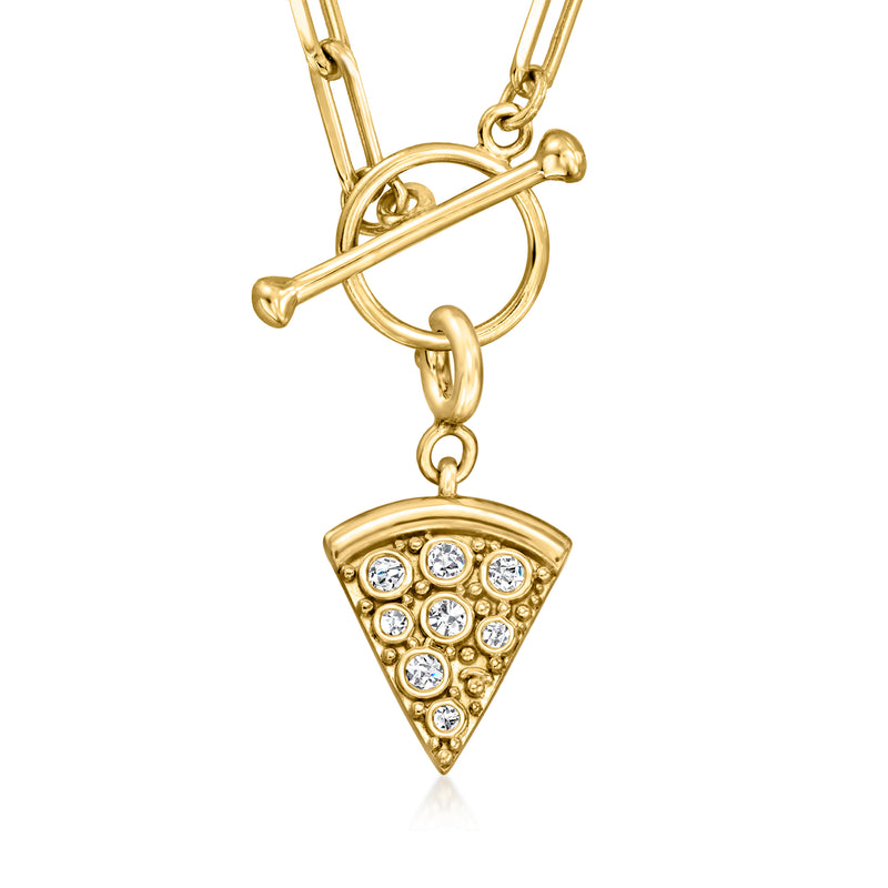 Pizza-slice charm on gold chain links with round white stones in triangle setting