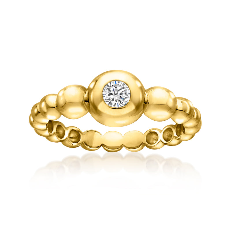 Gold bubble ring with bezel-set round diamond center and sculpted ball band