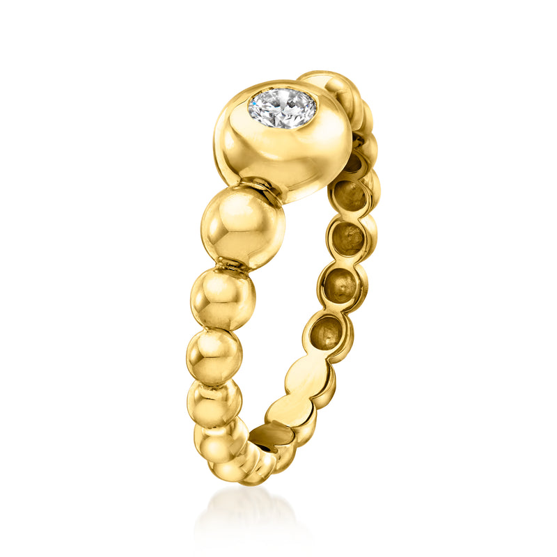 Gold bezel-set round diamond bubble ring, side view with clustered bead shanks