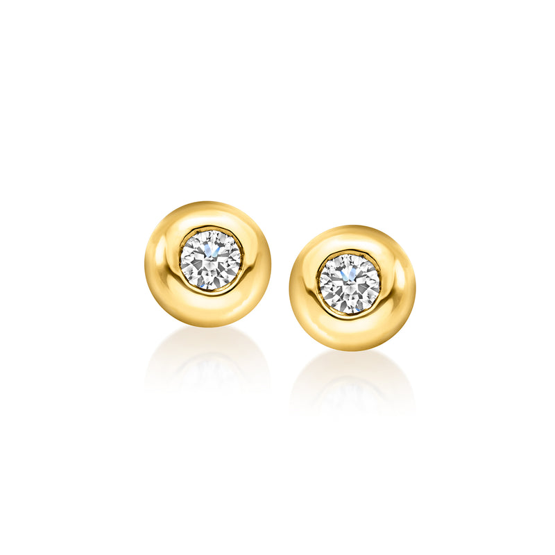 Lab-grown diamond bubble stud earrings, round bezel-set stones, 18kt gold over sterling