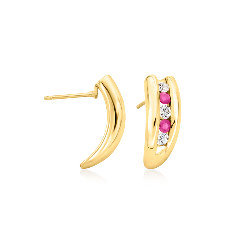 14k yellow gold curved hoop post earrings with pink ruby and white sapphire stones