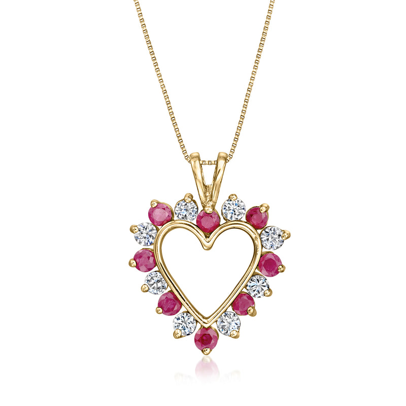 10kt yellow gold heart pendant necklace with ruby and white sapphire stones