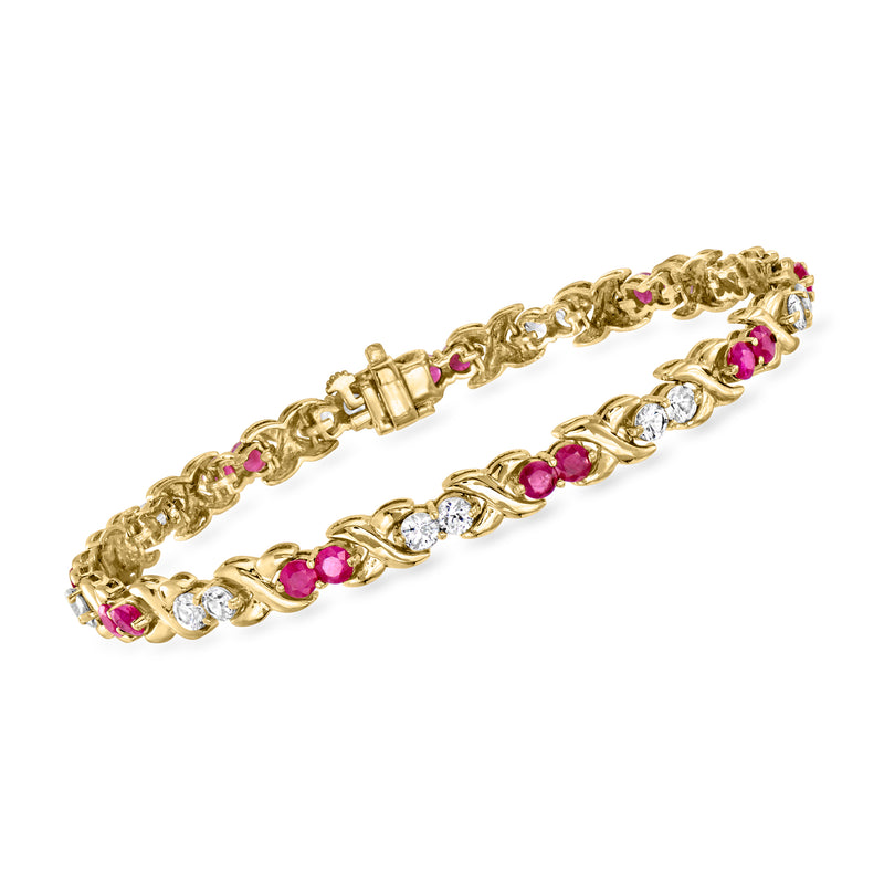 10kt yellow gold XO bracelet with alternating ruby-red and white gemstones, hinged