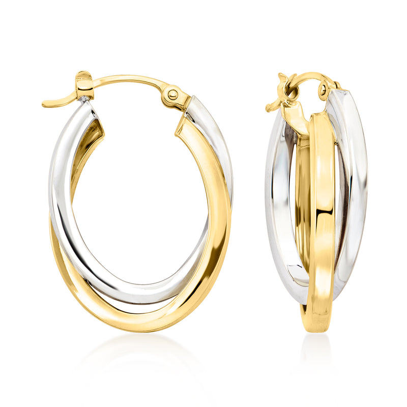 14kt two-tone gold twisted-oval hoop earrings with hinged clasp, front view
