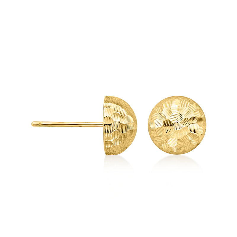 Hammered yellow gold button stud earrings, post backs