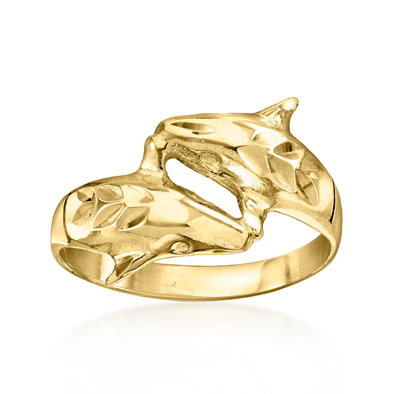 14kt yellow gold dolphin bypass ring with polished textured design