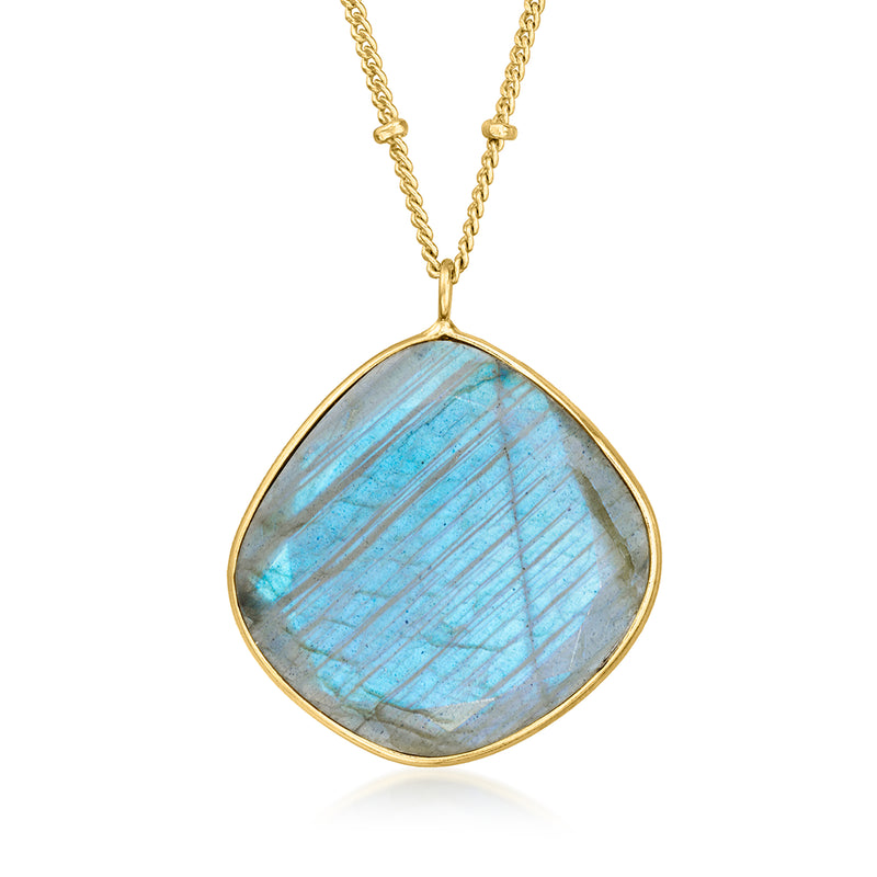 Labradorite pendant necklace with teardrop blue stone and gold over sterling chain