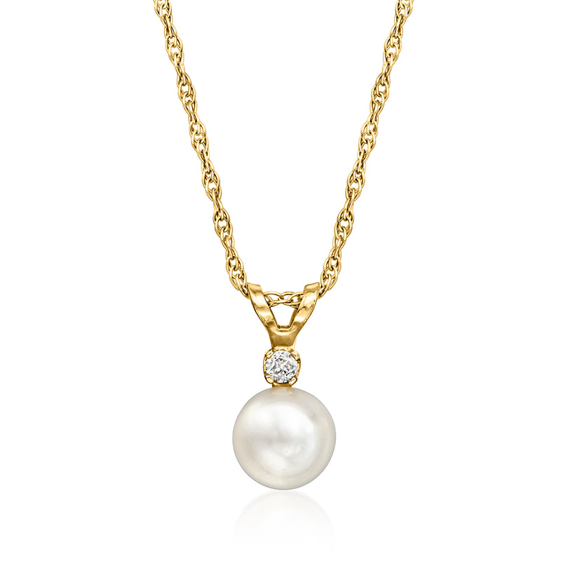 14kt yellow gold pearl pendant necklace with round diamond top and cultured pearl drop