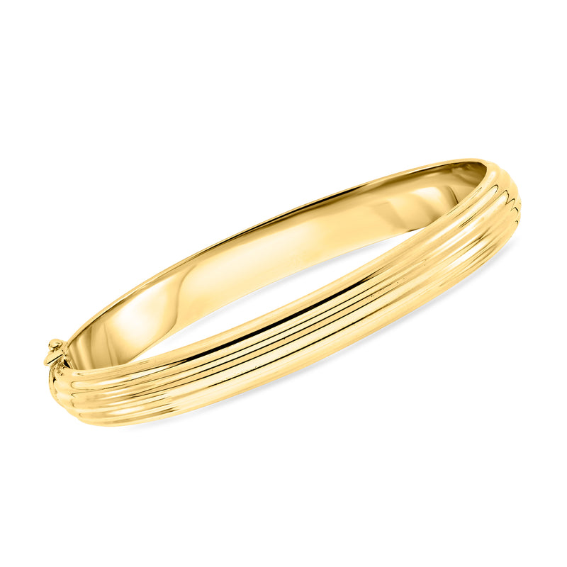 14kt yellow gold ridged bangle bracelet, ribbed band with clasp ends