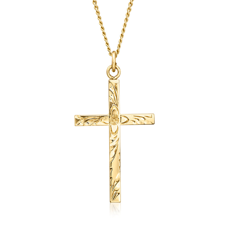10kt yellow gold cross pendant necklace with textured vertical and horizontal cross details