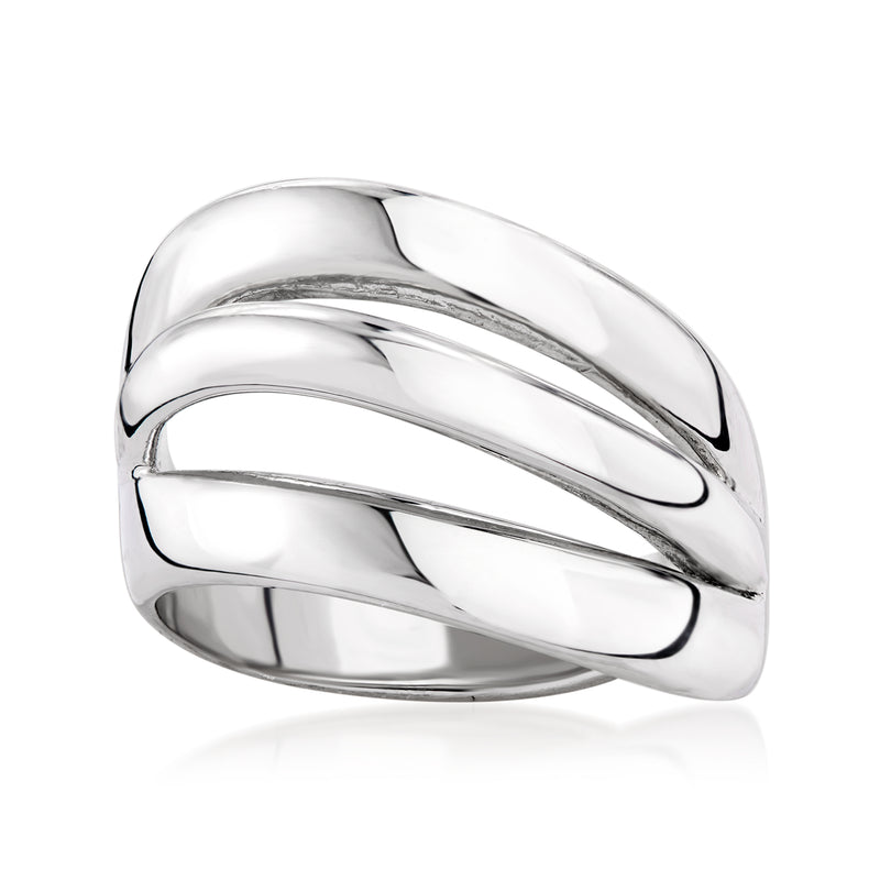 Sterling silver wave three-row band ring, shiny polished ridged design