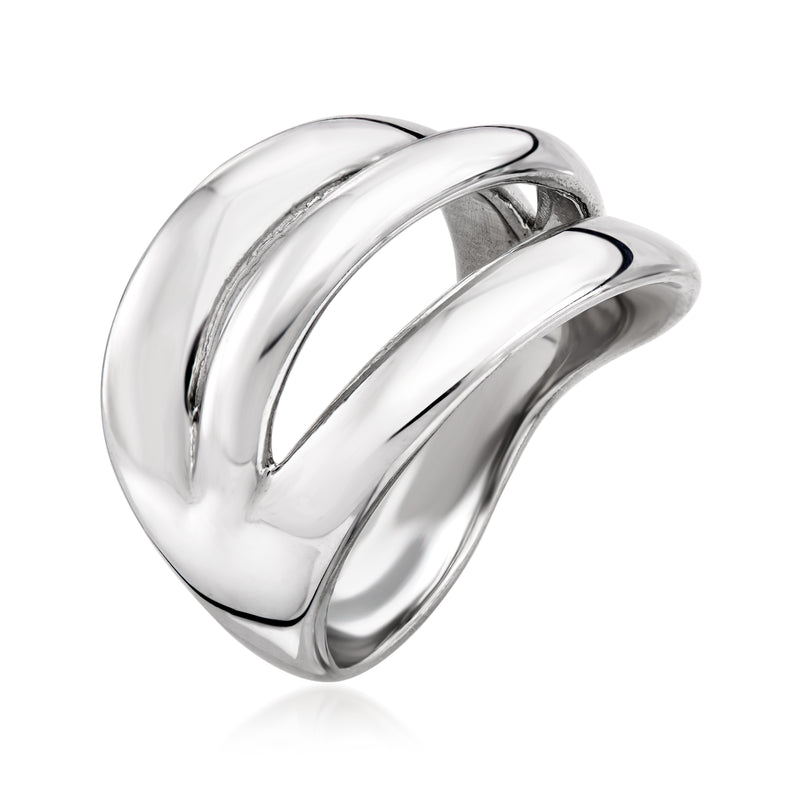 Sterling silver wave three-row band ring, curved interlocking rows, polished finish