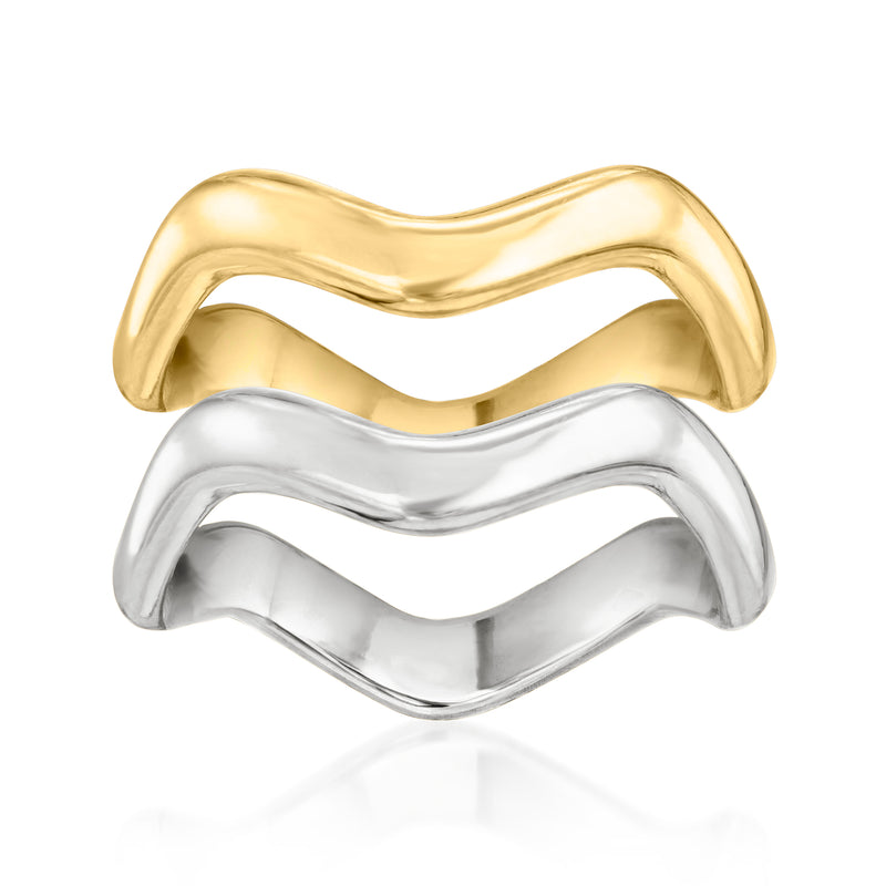 Two wavy stacked rings: gold-over-sterling and polished sterling silver