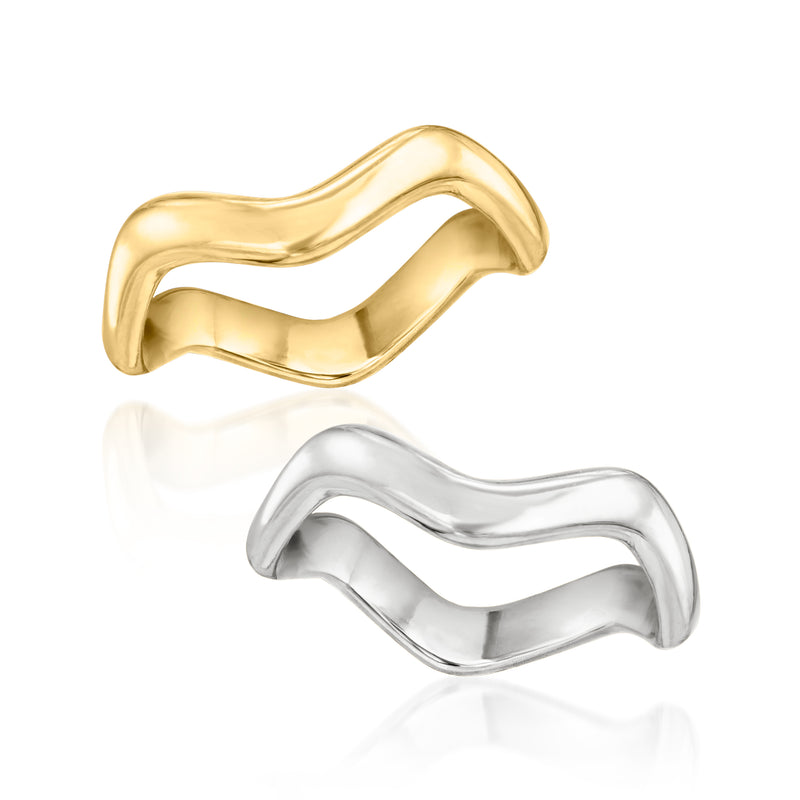 Two wavy rings, gold-over-sterling atop sterling silver, reflective curved bands