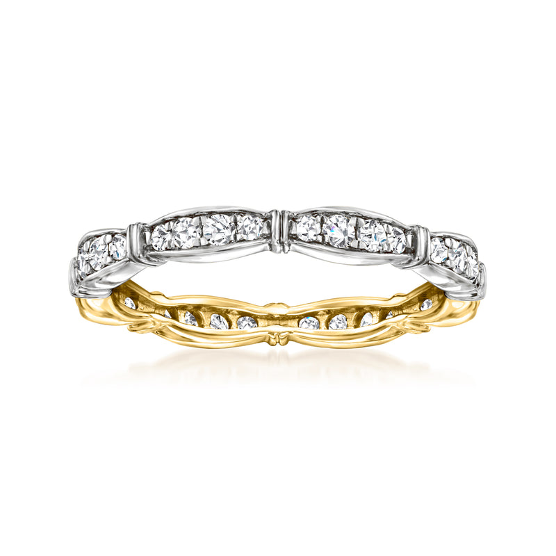 Diamond band ring with two-tone silver and gold layers, prong-set stones
