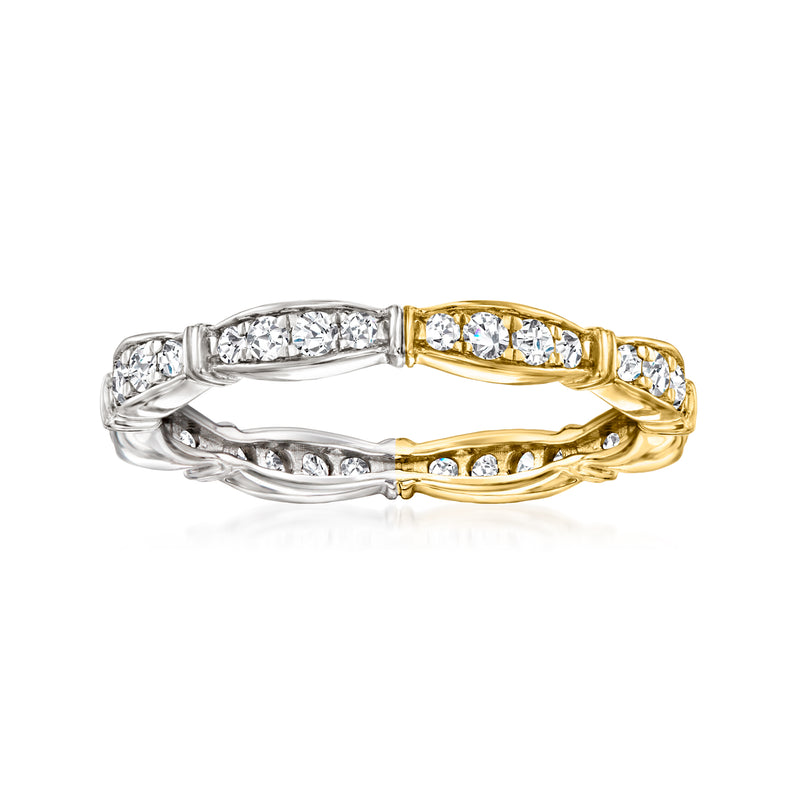 Two-tone diamond ring with gold top segment and sterling silver band, prong-set stones