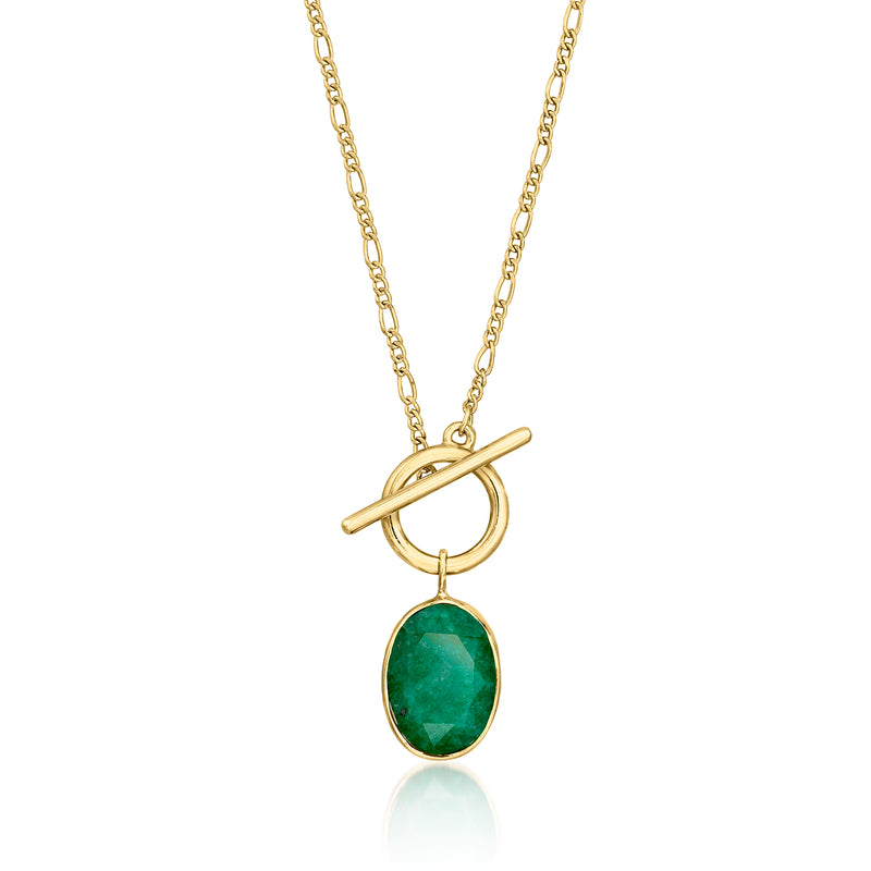 Gold toggle necklace with oval green gemstone pendant and fine chain